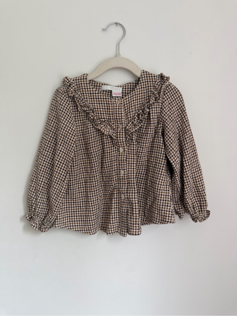 Zara Girls Ruffle Collar Plaid Button-Front Top (Size 4)